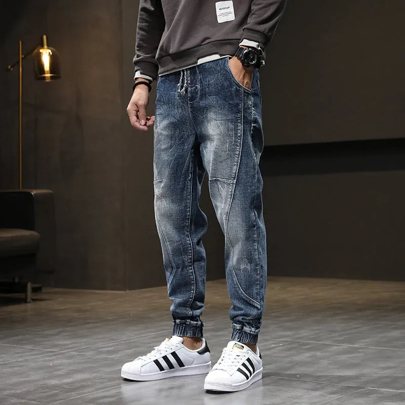 Men's plus size velvet stretch jeans in blue with slim fit and tether closure