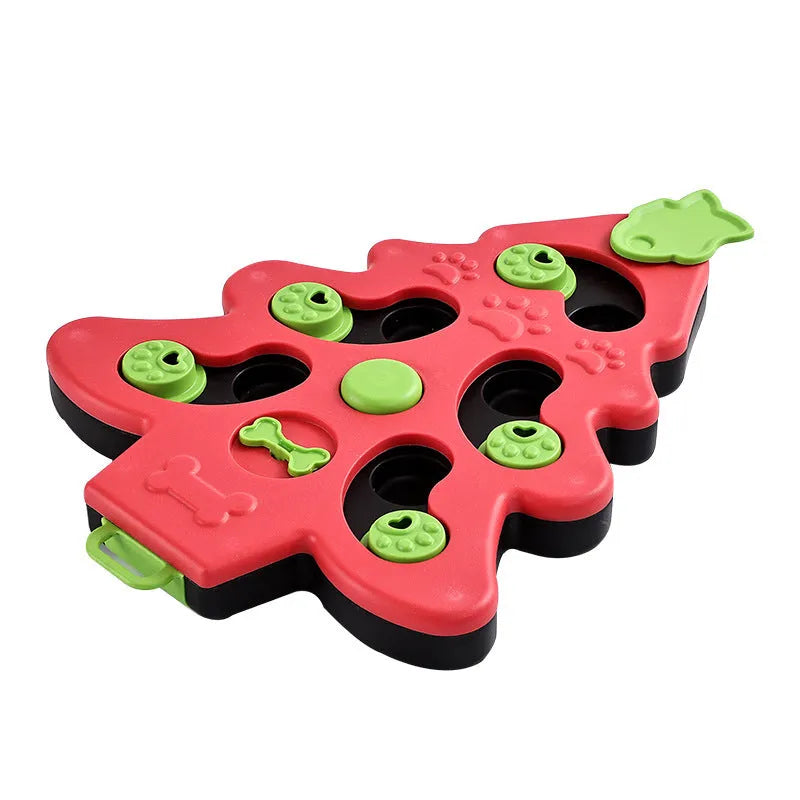 Green Christmas tree interactive dog puzzle slow food bowl with non-slip base on wood floor