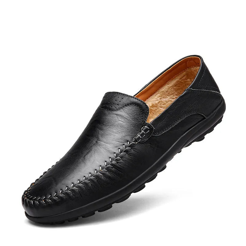 Men's brown leather casual shoes with round toe and flat rubber sole