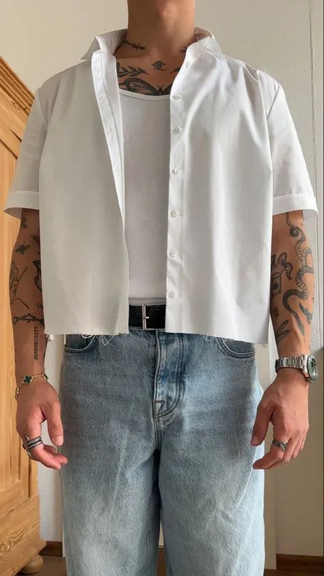 White men's short sleeve polyester shirt with plain design and cropped length