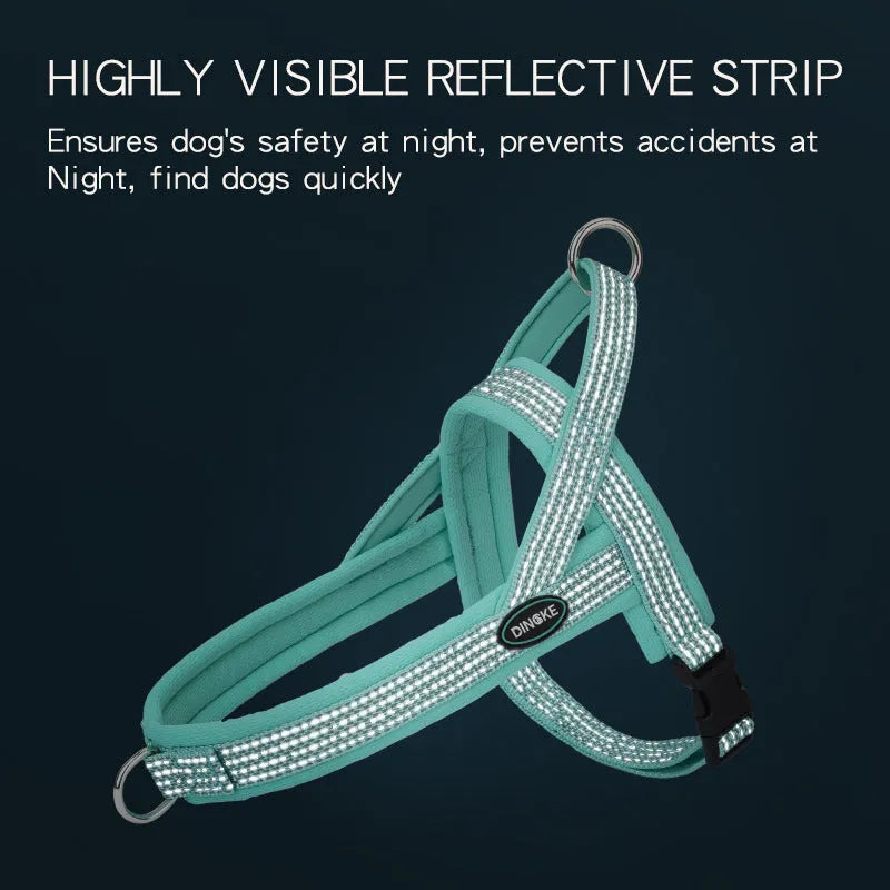 Reflective black dog chest strap with hand-holding rope on a white background
