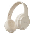 Wireless Bluetooth headset in beige with head-mounted design and ear cups, neutral background