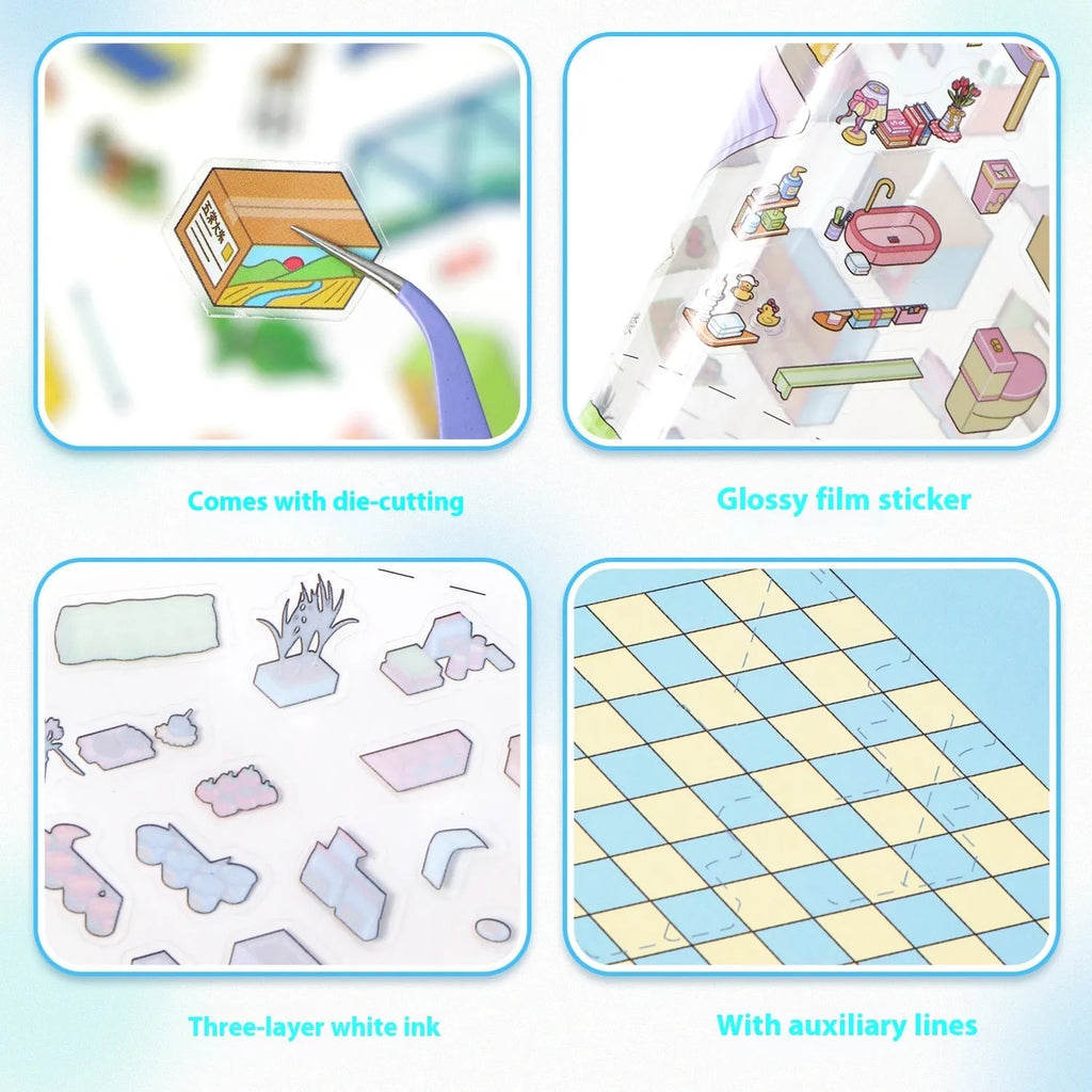 3D miniature landscape PET stickers with scene card and effect card in cartoon style
