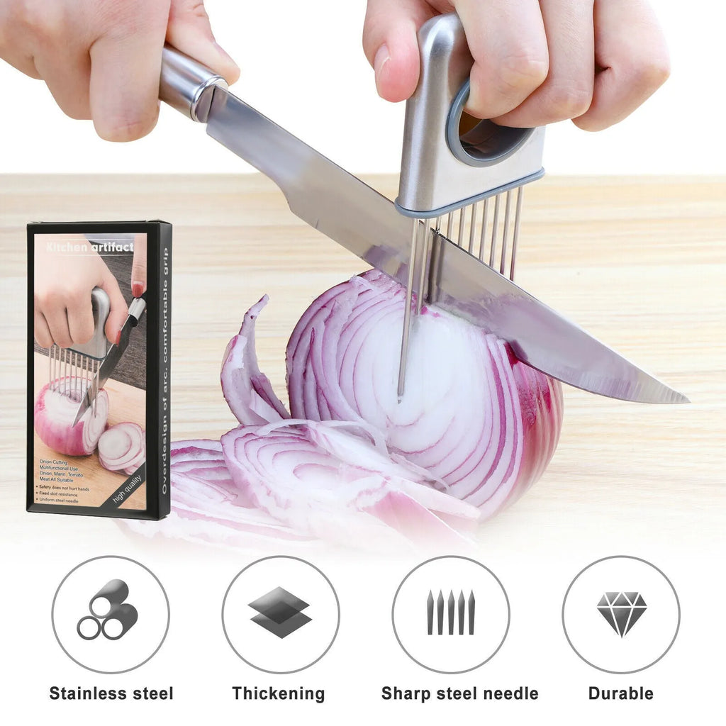Stainless steel onion holder slicer with ultra-sharp prongs and finger guard for kitchen vegetable cutting