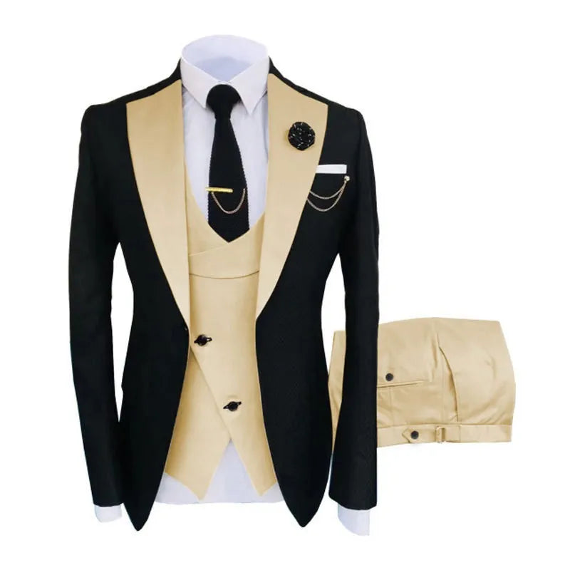 Men's slim fit cotton three-piece suit in charcoal grey with coat, waistcoat, and trousers