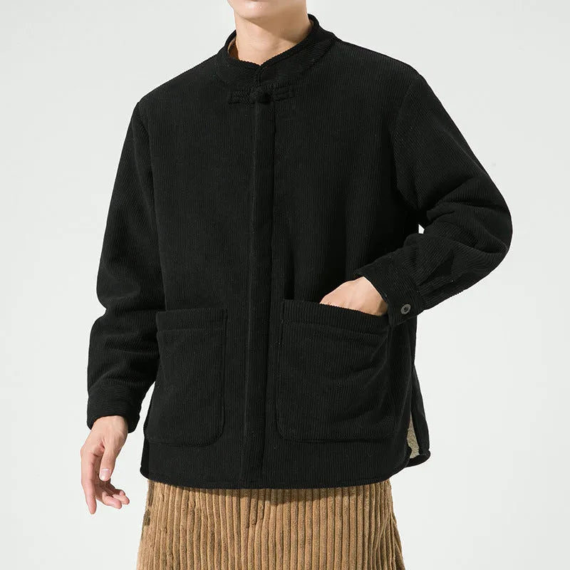 Men's hanfu stand collar cardigan jacket in black corduroy fleece with buckle front