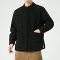 Men's hanfu stand collar cardigan jacket in black corduroy fleece with buckle front