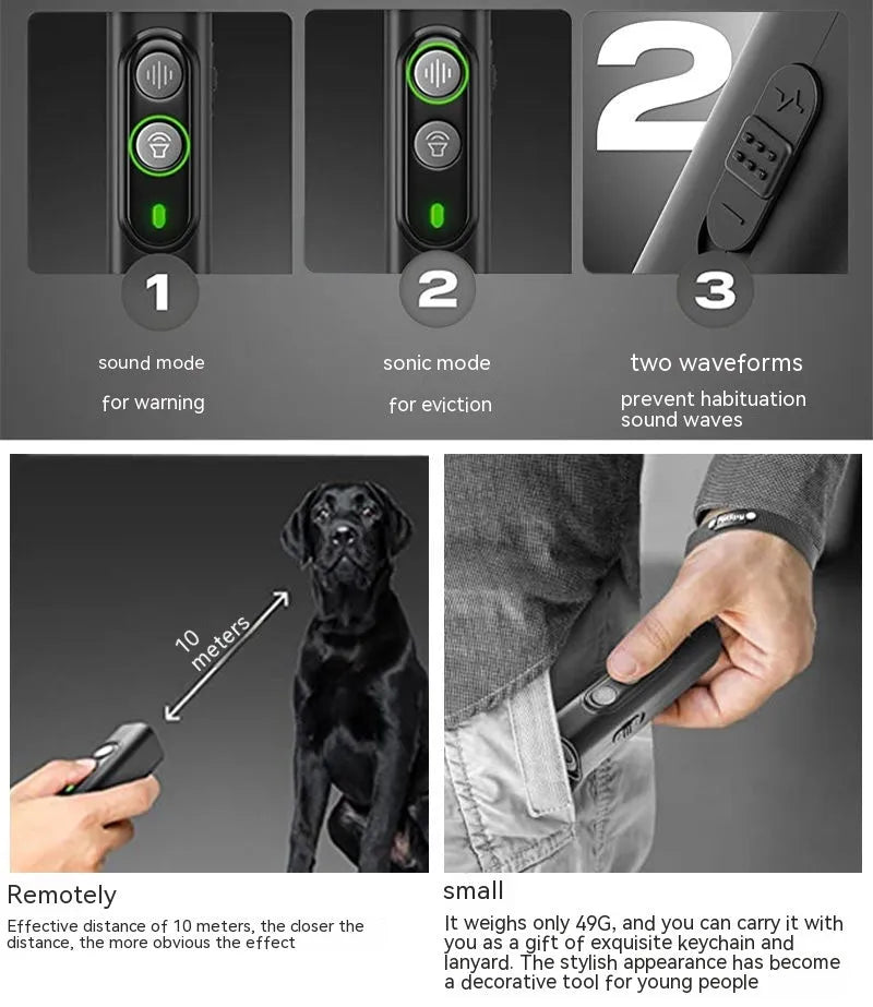Black high power portable ultrasonic dog repellent device with hanging rope, effective up to 10 metres