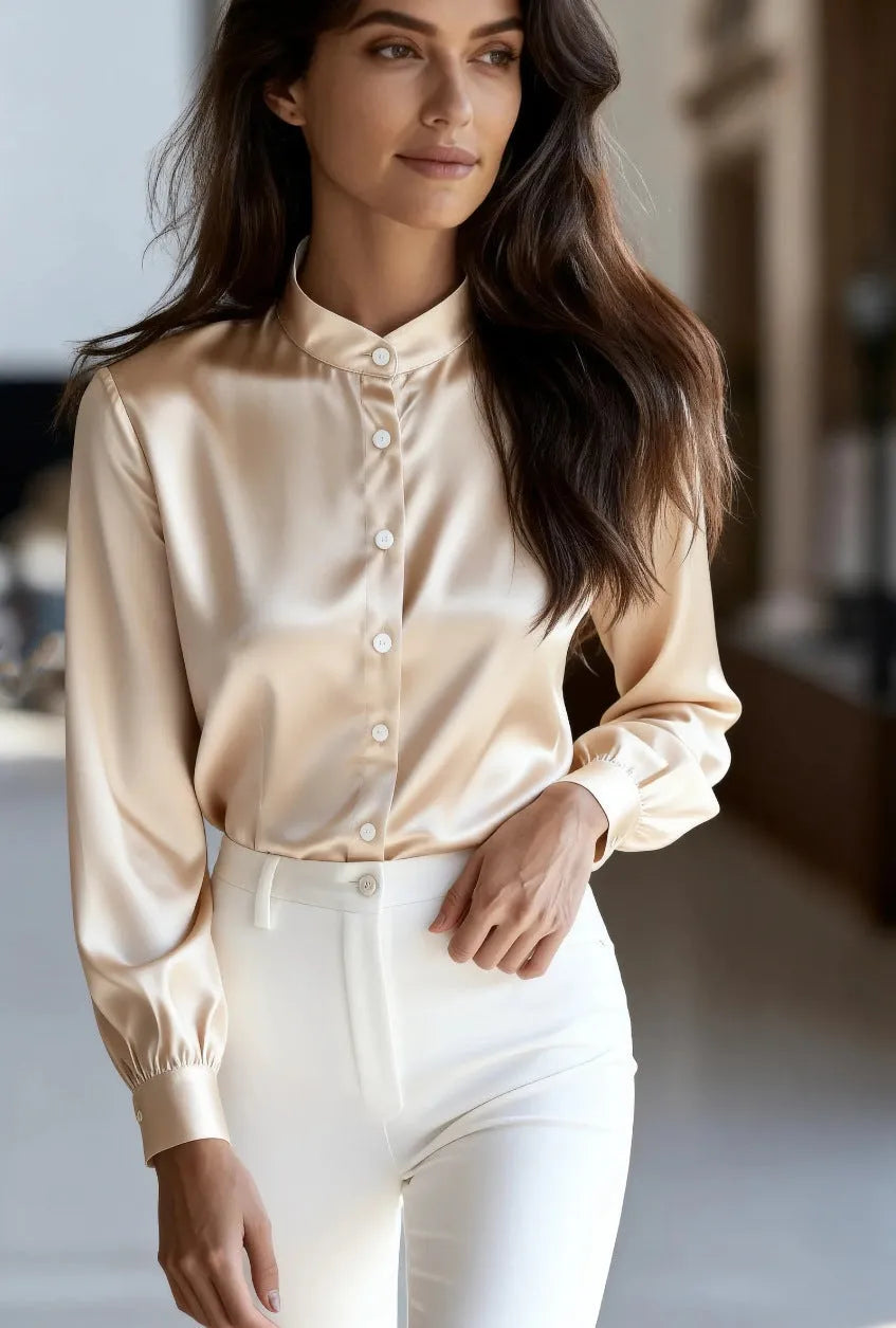 Women's autumn solid colour stand collar button long sleeve polyester shirt in black white and apricot