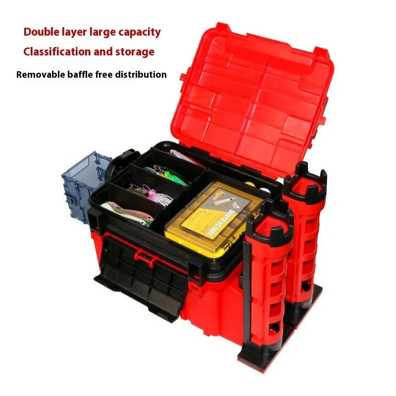 Portable double-layer ABS bait box with seat lid in blue, showing storage compartments