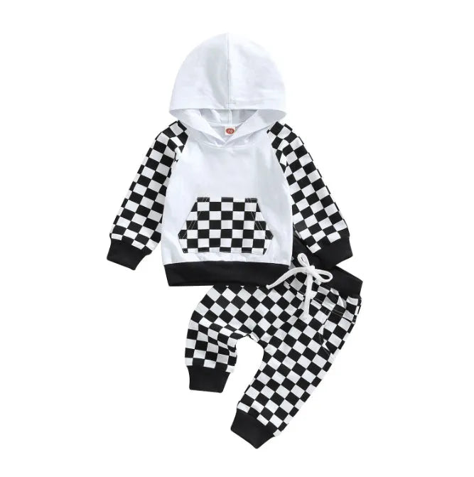 Boys' plaid patchwork cotton hoodie and trousers suit in beige and black neutral colours