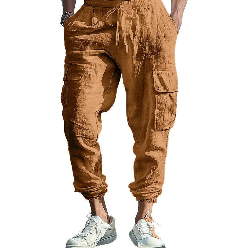 Men's casual linen trousers with ankle ties and multiple pockets in solid colour options