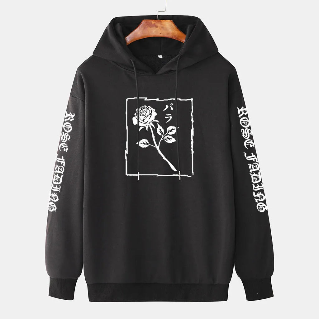 Men's cotton pullover hoodie in loose fit, long sleeves, available in black, gray, green, red – side view showing hood and simple style