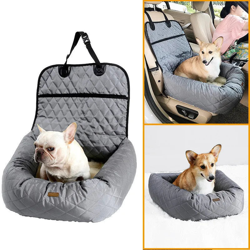 Multifunctional pet car mat and nest made of waterproof non-slip Oxford cloth for dogs, shown in beige, black, and gray options
