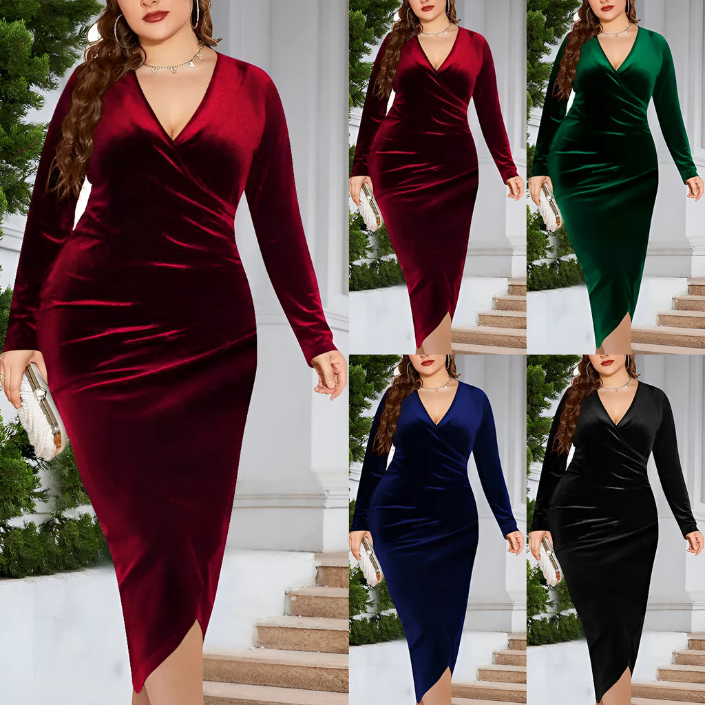 Women's V-neck dress with regular long sleeves in polyester available in red, green, blue, and black colours
