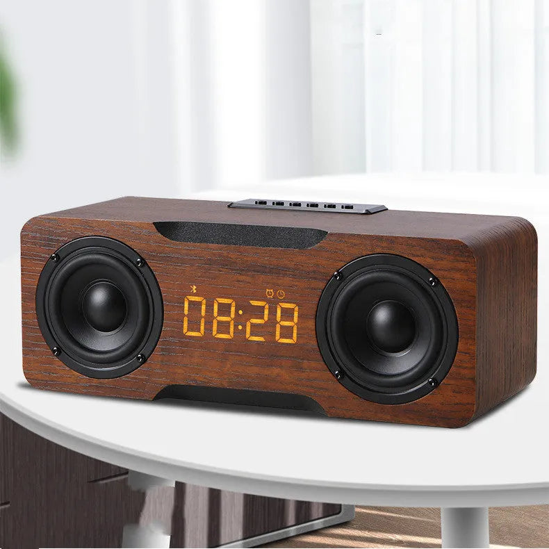 Wooden clock Bluetooth speaker with digital display in brown finish, showing clock face and speaker grille