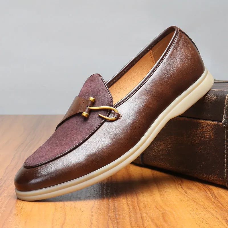 Breathable casual men's leather shoes in black, brown, and white with flat heel and round toe rubber sole