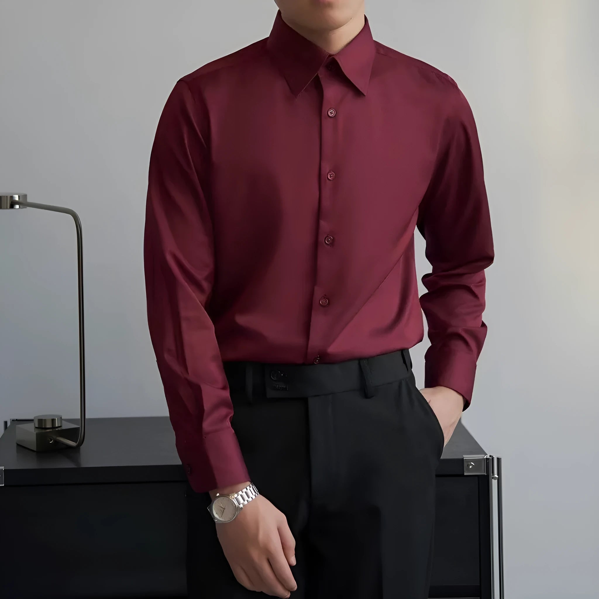 Men's slim long sleeve autumn shirt cardigan in Korean style with Japanese retro design, shown in black colour