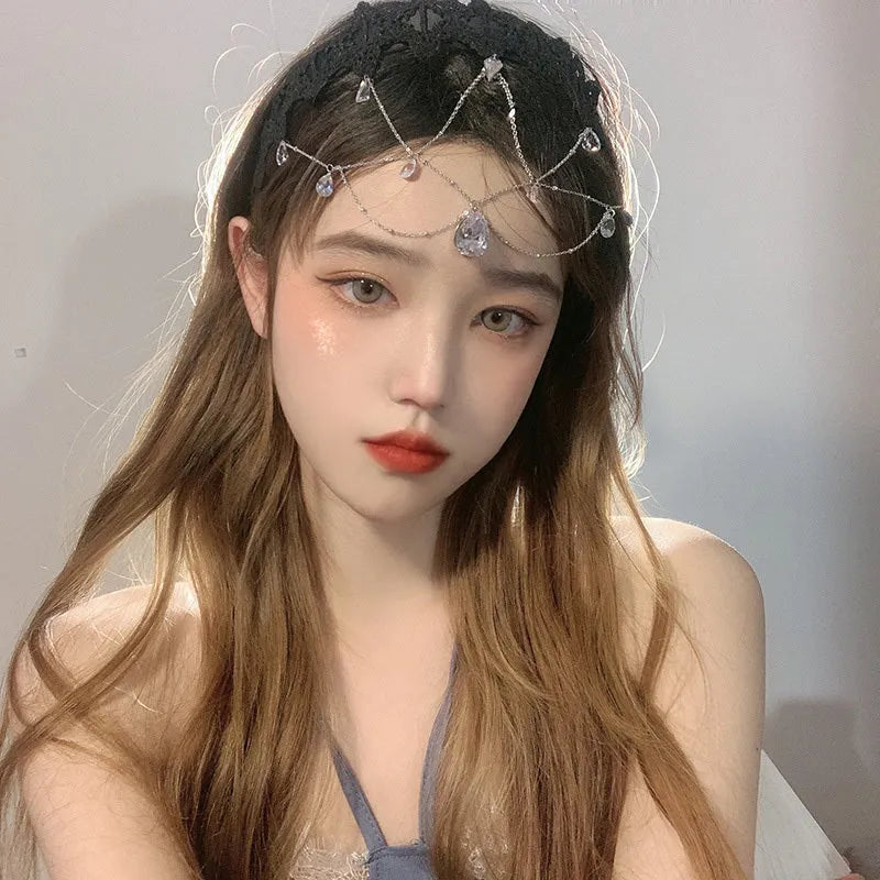 Water drop gem hair jewellery photography mask accessory with alloy silver or gold plated finish and Black Lace option
