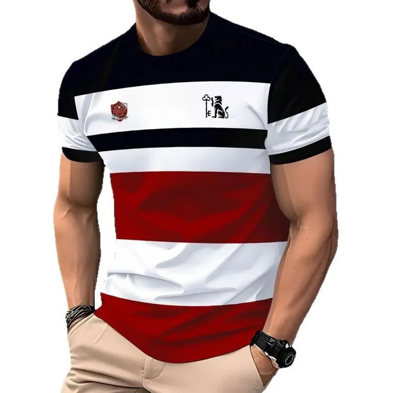 Men's loose short-sleeve T-shirt with digital 3D printed stripe pattern on polyester fabric.