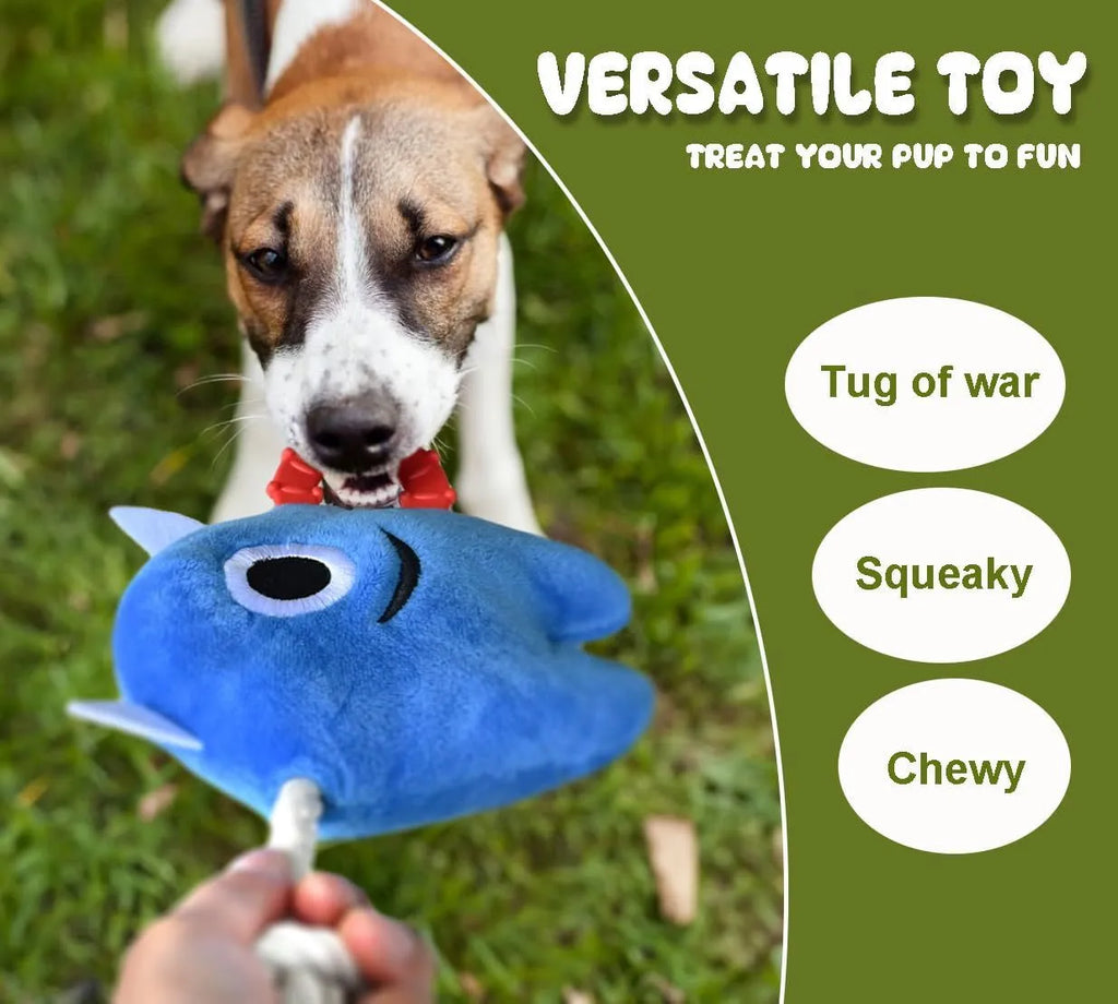 Blue and green plush dog toy with integrated cotton rope sections and a squeaker.
