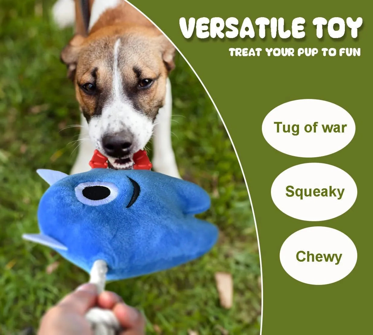Blue and green plush dog toy with integrated cotton rope sections and a squeaker.