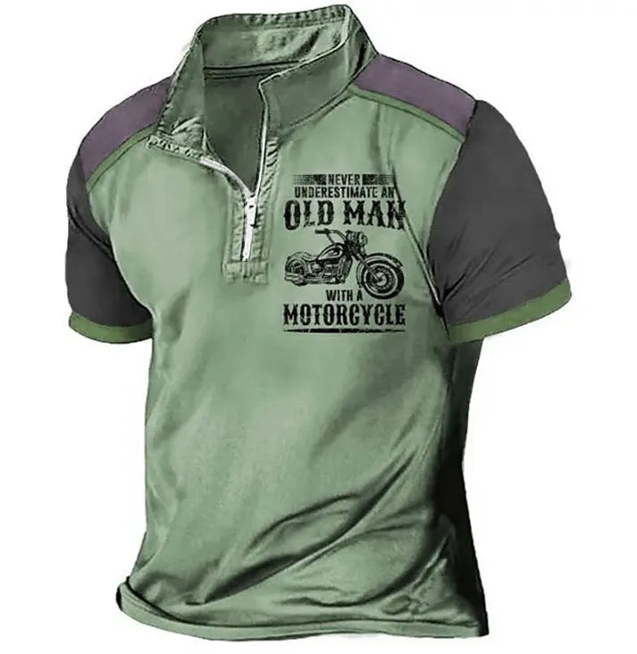 Men's casual polo shirt with digital letter printing and a lapel collar on a short sleeve design.