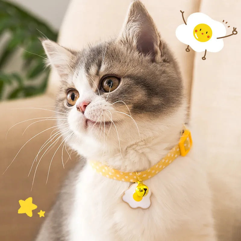 Adjustable cat collar with bell pendant and bow tie in green, pink or yellow for small pets