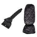 Car windshield snow scraper mitten in black with toothed and shovel edges, fleece lining, and foam handle