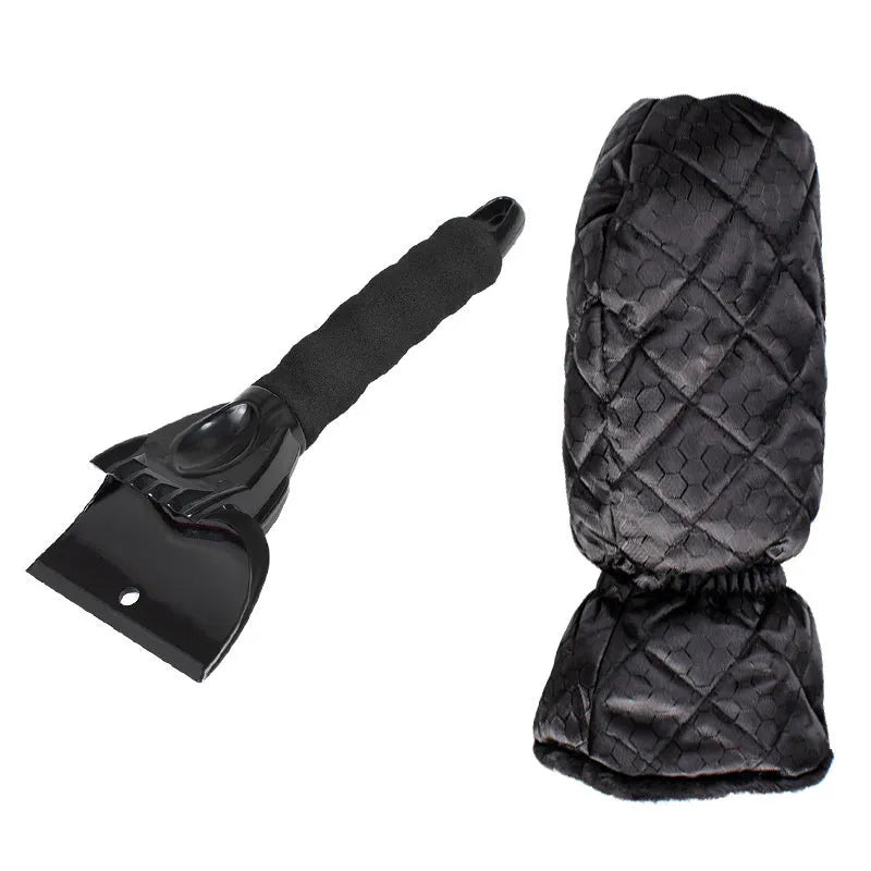 Car windshield snow scraper mitten in black with toothed and shovel edges, fleece lining, and foam handle
