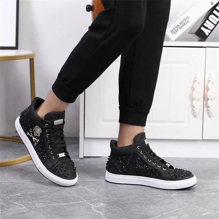Men's black leather high top skeleton shoes with a lace-up front and rubber sole.