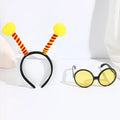 Yellow bees party dress up headband and prop glasses costume set on a mannequin head.
