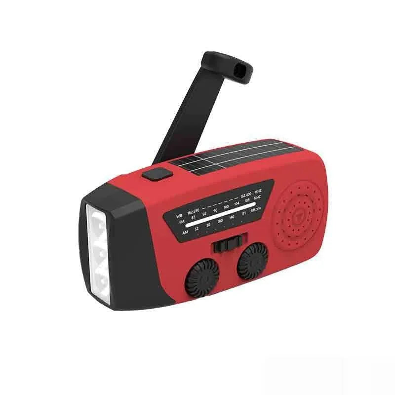 Red rechargeable emergency radio torch with flashlight, measuring 13.3 x 6.3 x 5.2 cm with wrist strap