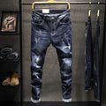 Men's slim-fit skinny jeans in dark blue and light blue cotton denim with stretch.