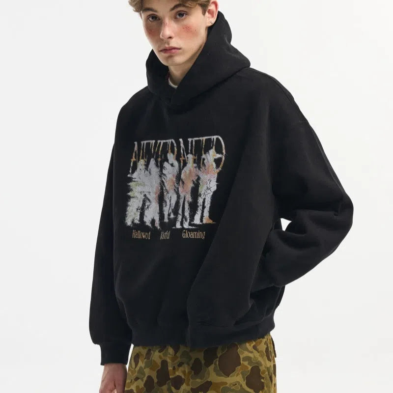Men's cotton hooded sweatshirt with blurred portrait print, loose fit pullover in black or grey, sizes S to 2XL