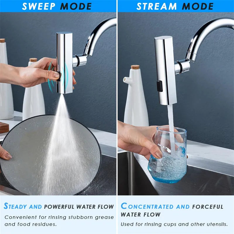 Kitchen faucet waterfall nozzle extension with rotating sprayer in black or silver finish