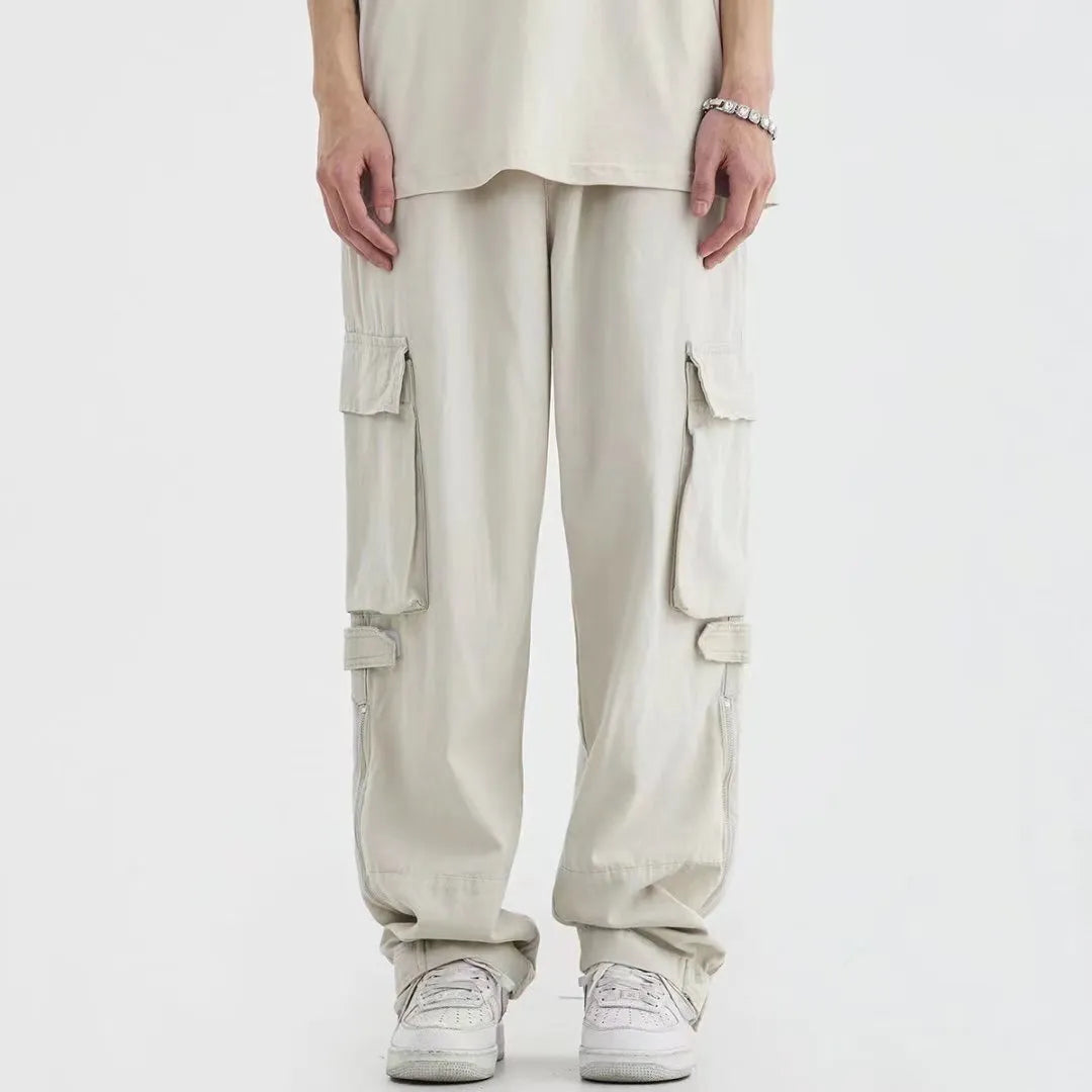 Men's cotton cargo pants in Black with multiple pockets and straight-leg design