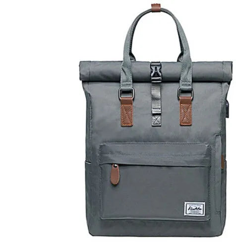 Casual polyester backpack with cover opening showing interior computer compartment and zipper pocket