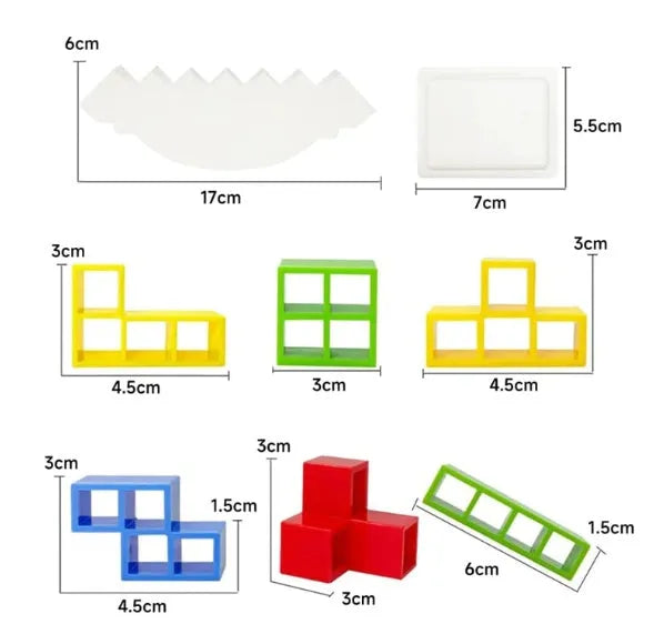 Plastic balance stacking board game with 16 coloured blocks, chassis, and base on a 26.5cm square box.