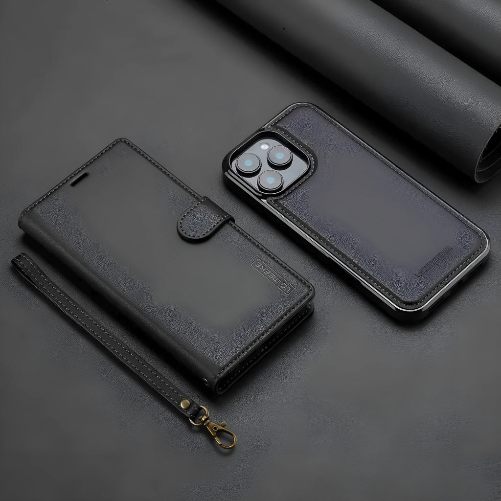 Black 2-in-1 flip phone case with card slot and lanyard for iPhone