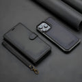 Black 2-in-1 flip phone case with card slot and lanyard for iPhone