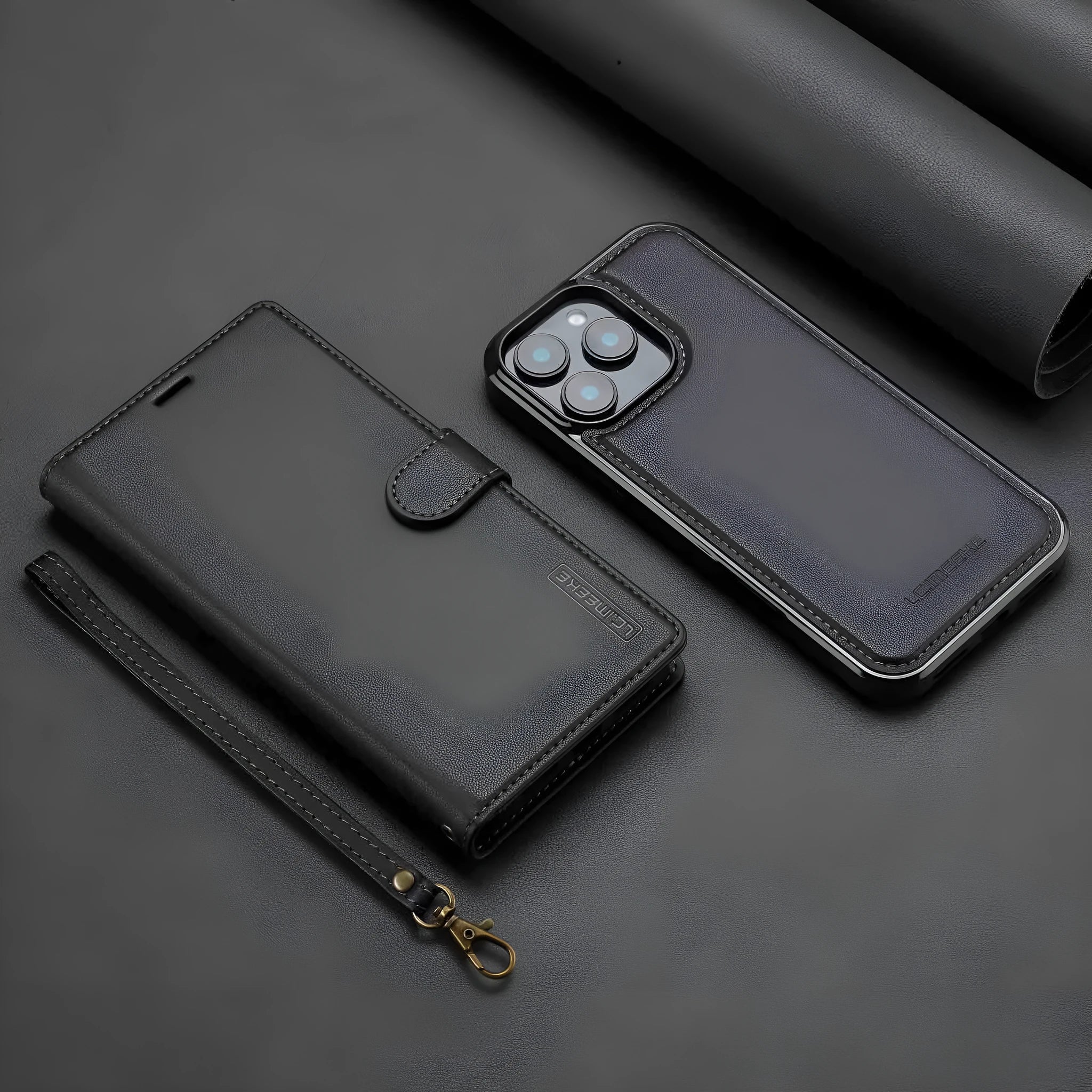 Black 2-in-1 flip phone case with card slot and lanyard for iPhone