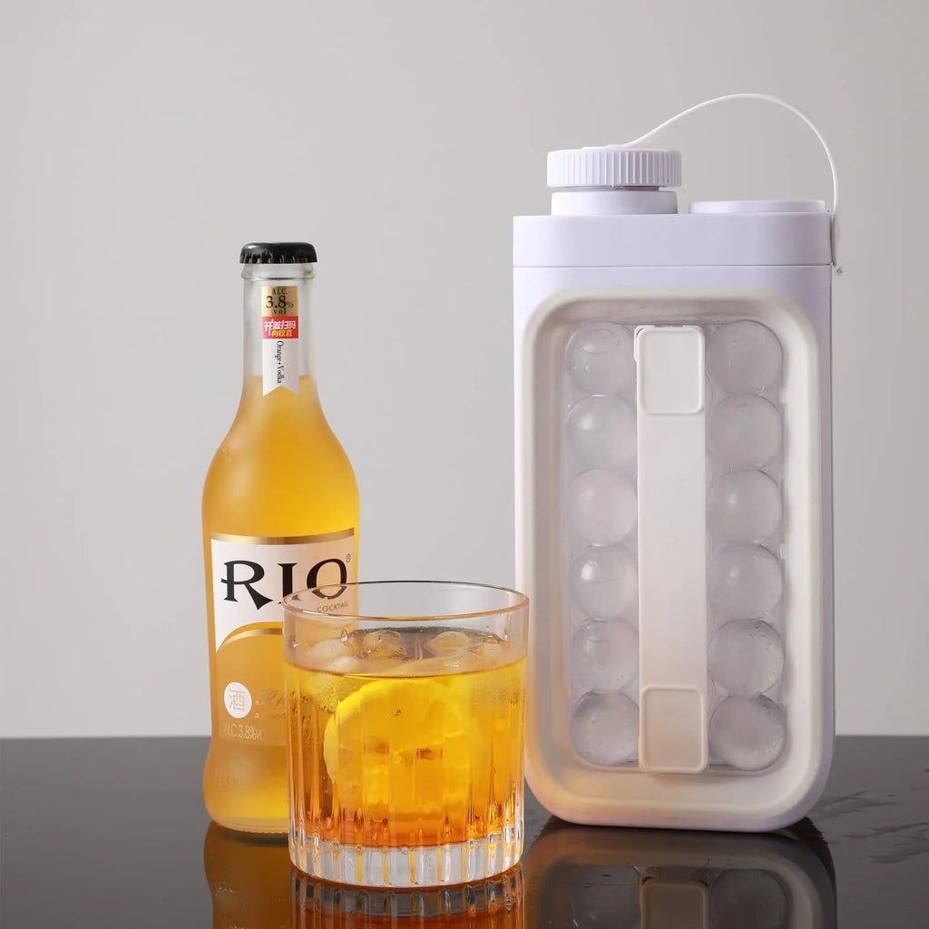 Light blue and white portable ice ball mould kettle showing 17-ball capacity and 2-in-1 bottle design
