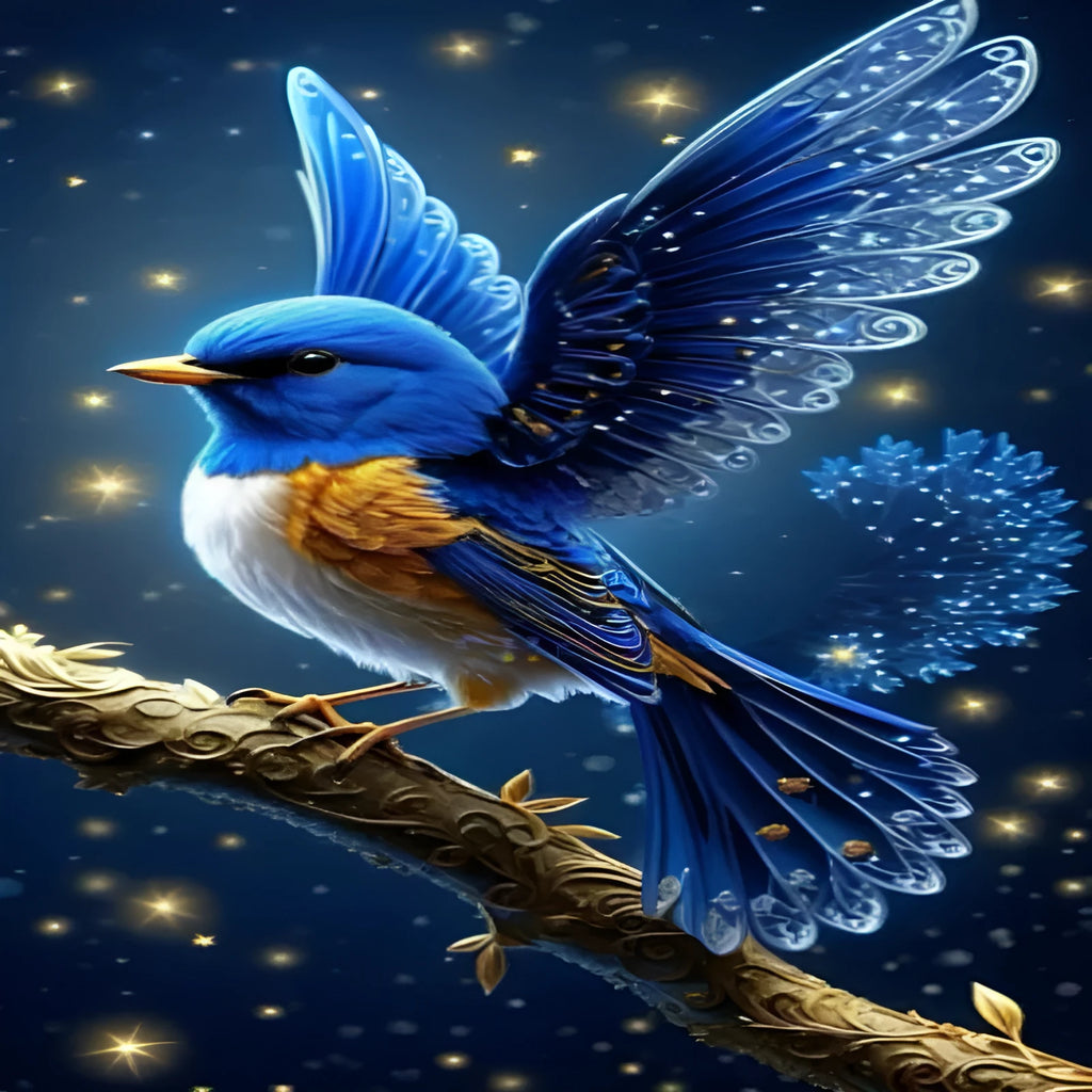 Handmade Blue Bird diamond painting canvas measuring 60x100 cm with acrylic rhinestones