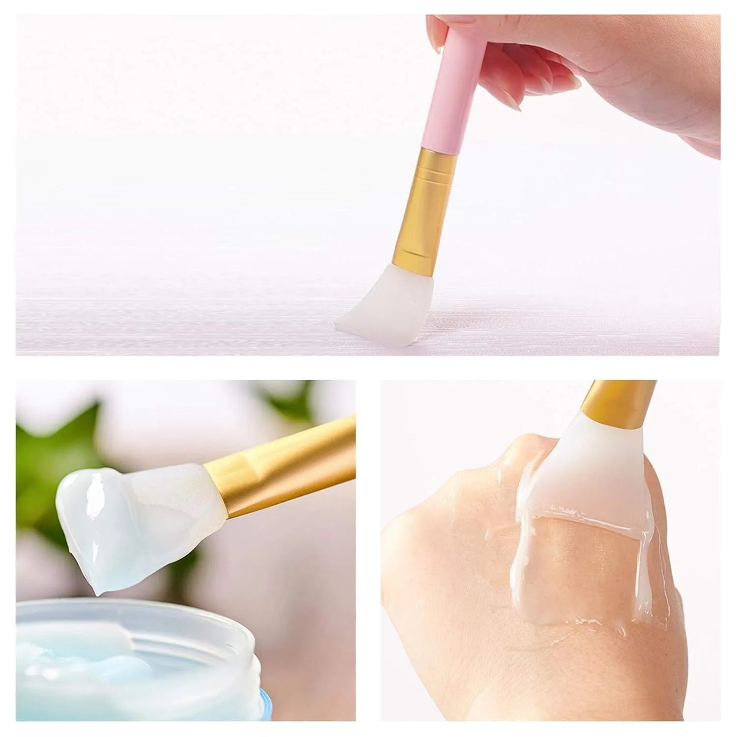 Reusable silicone face and body mask applicator spatula in six colours on a white background.
