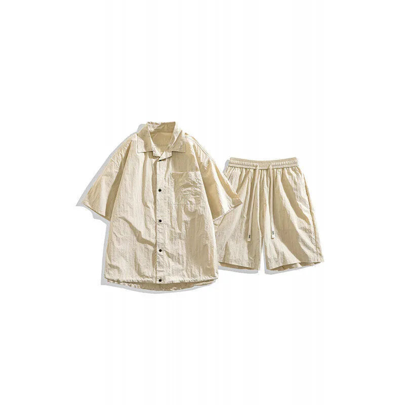 Men's loose casual shirt and shorts two-piece set in dark gray, light breathable nylon blend