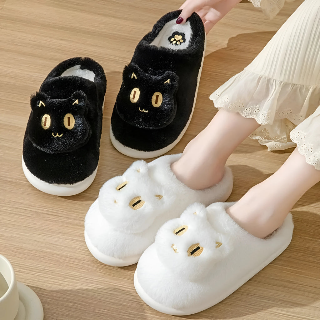 Cotton cat slippers with plush cat face design, memory foam insole, suede upper, available in multiple colours.