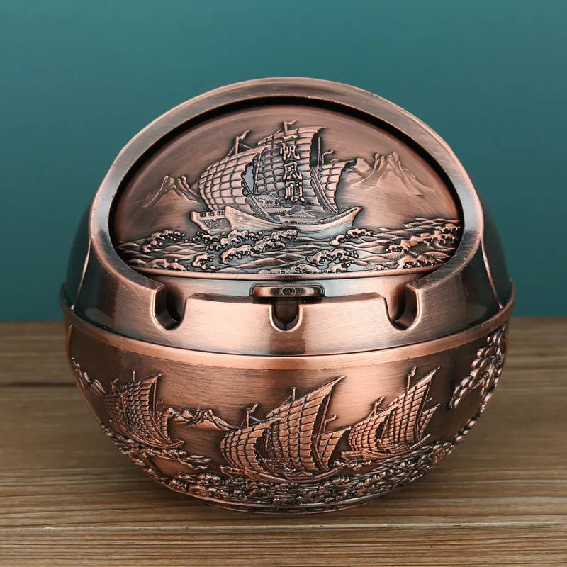 XL decorative alloy ashtray with smoke slot in bronze finish showing dragon and phoenix design