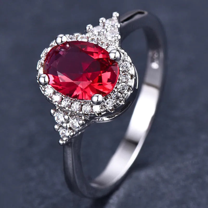 Ruby oval shape open mouth adjustable ring for women, copper white gold finish, sizes No.6 to No.10