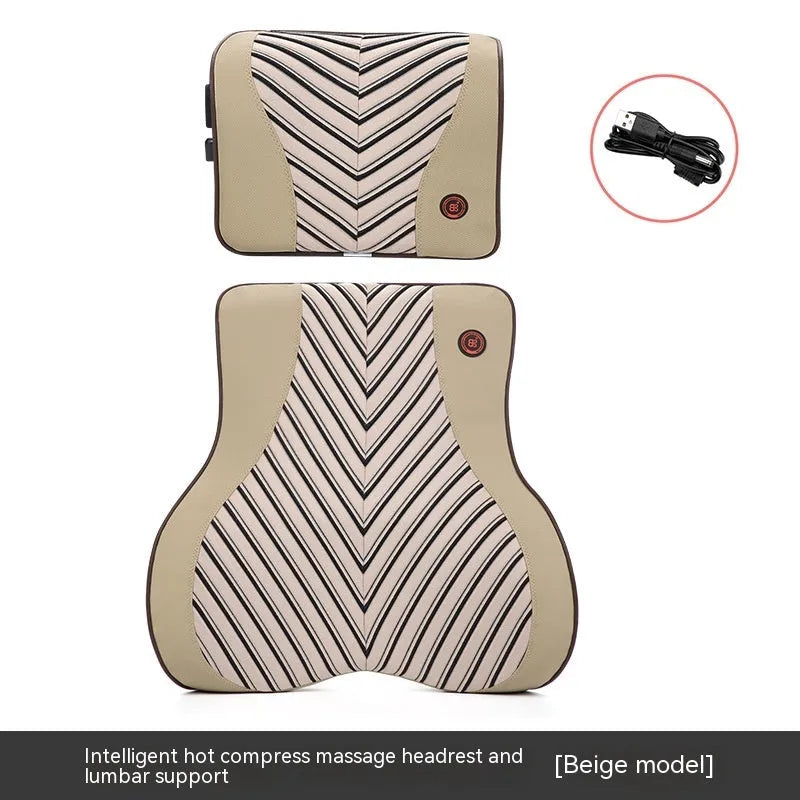 Car electric massage heating headrest and lumbar support cushion in black and orange colour
